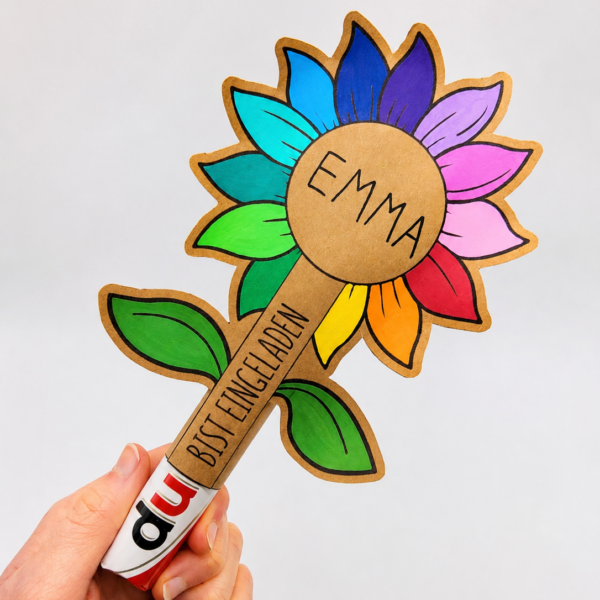 Blumen Einladung Kindergeburtstag PDF Vorlage zum Ausdrucken mit Duplo Schokoriegel