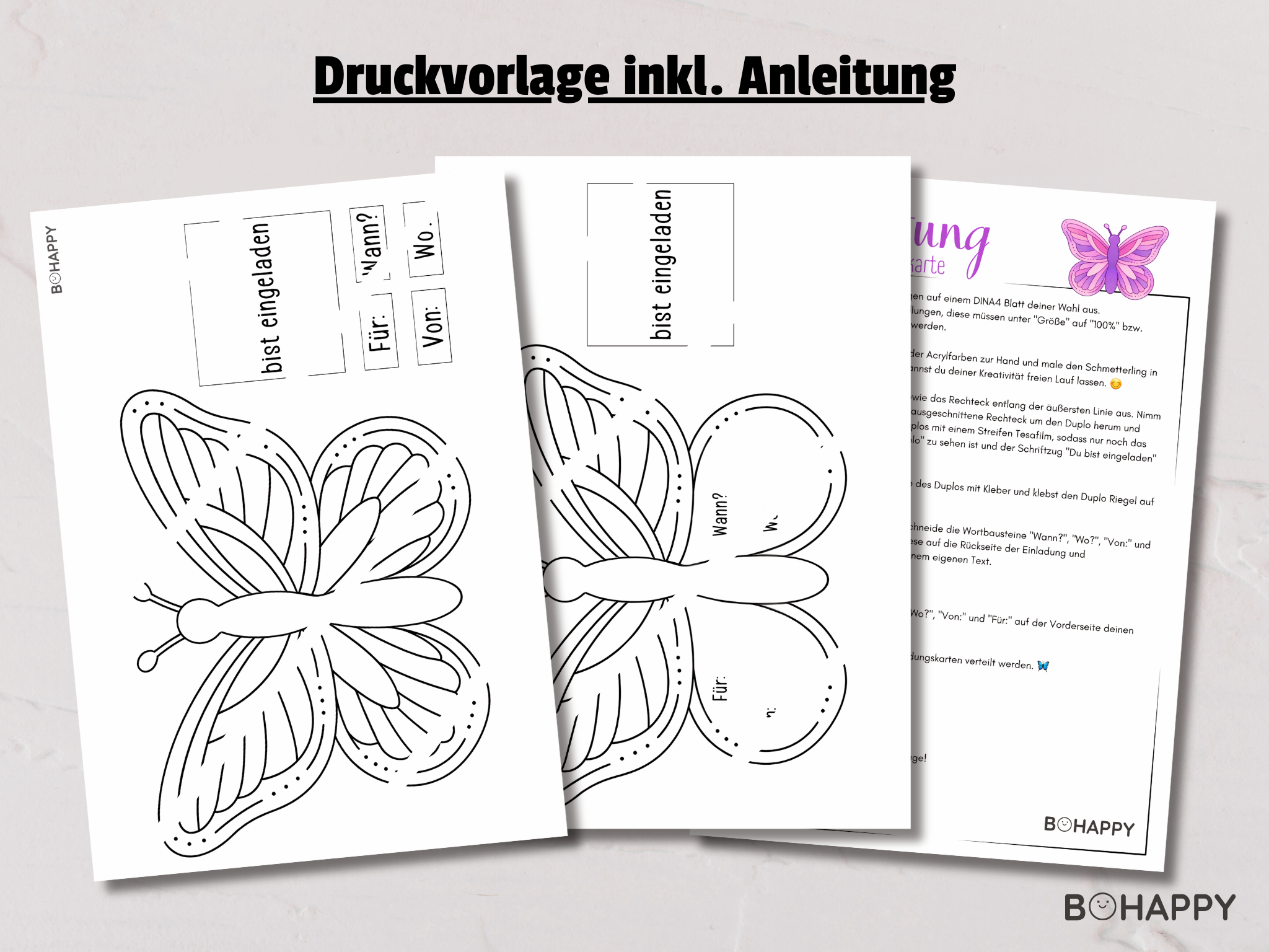 PDF und PNG Druckvorlage für die Schmetterling Einladungskarte mit Kurzanleitung