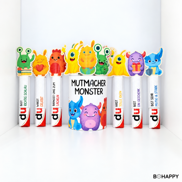 Gebasteltes Mutmacher Monster für Kinder mit Duplo-Riegel und liebevollem Motivationsspruch