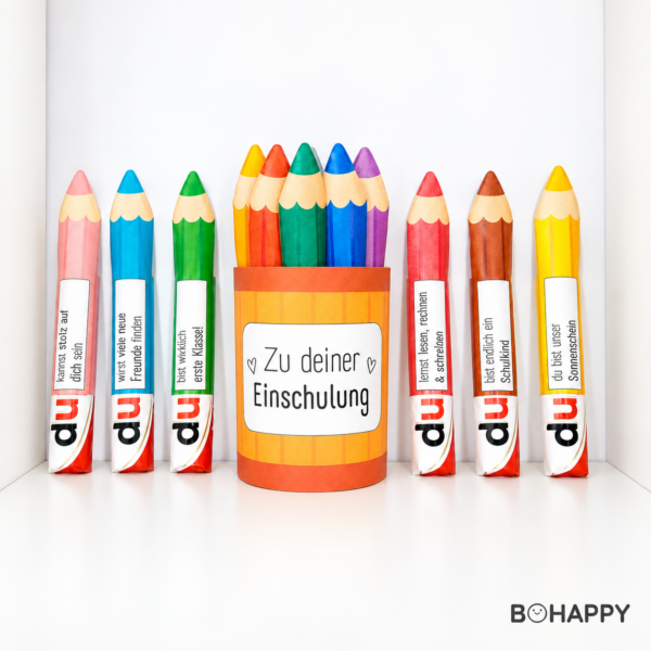 Gebasteltes Einschulungsgeschenk mit Duplo Banderolen im bunten Buntstifte-Design