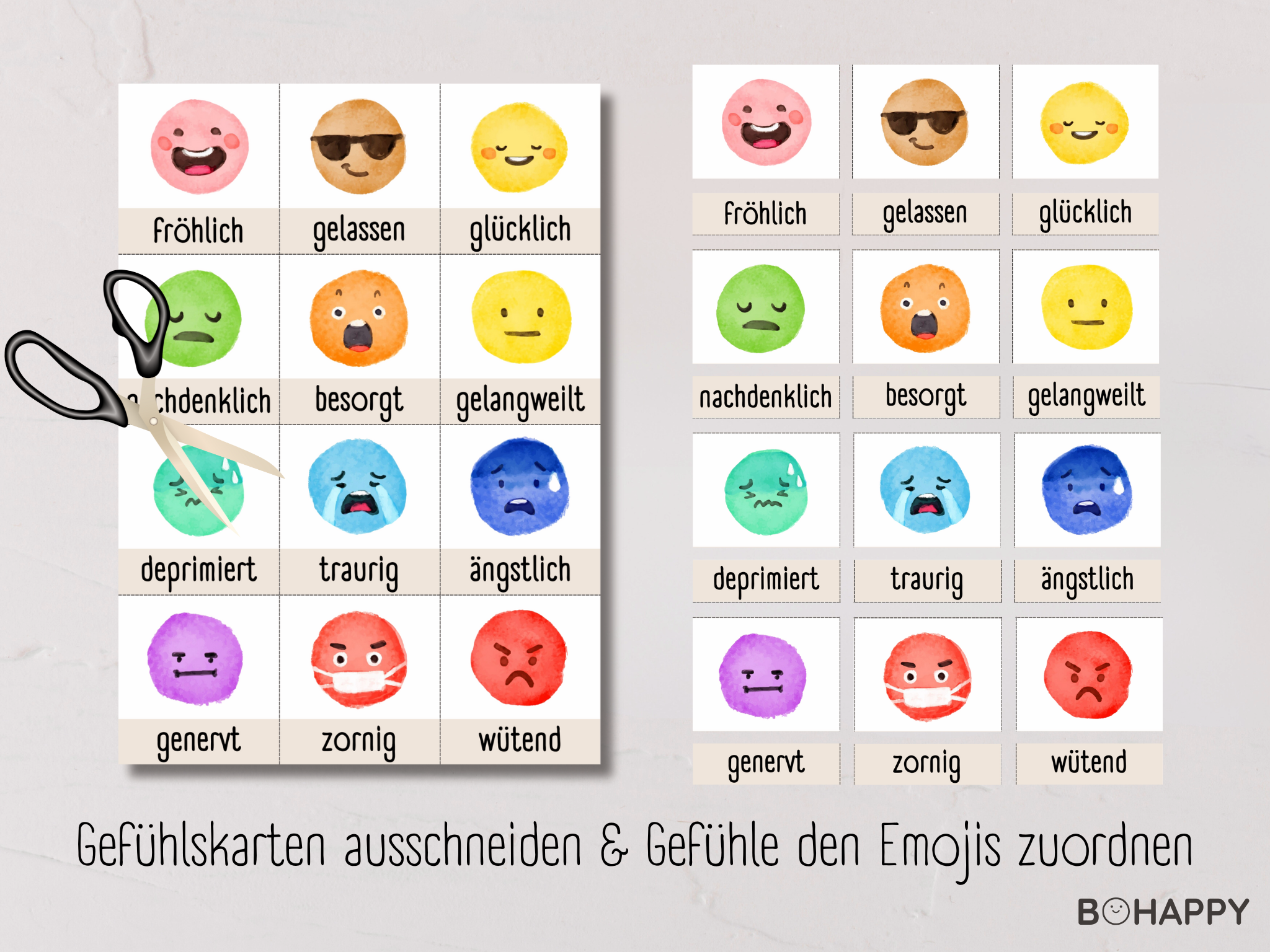 Emotionskarten für Kinder mit Gefühlen wie fröhlich, glücklich, traurig, ängstlich und wütend