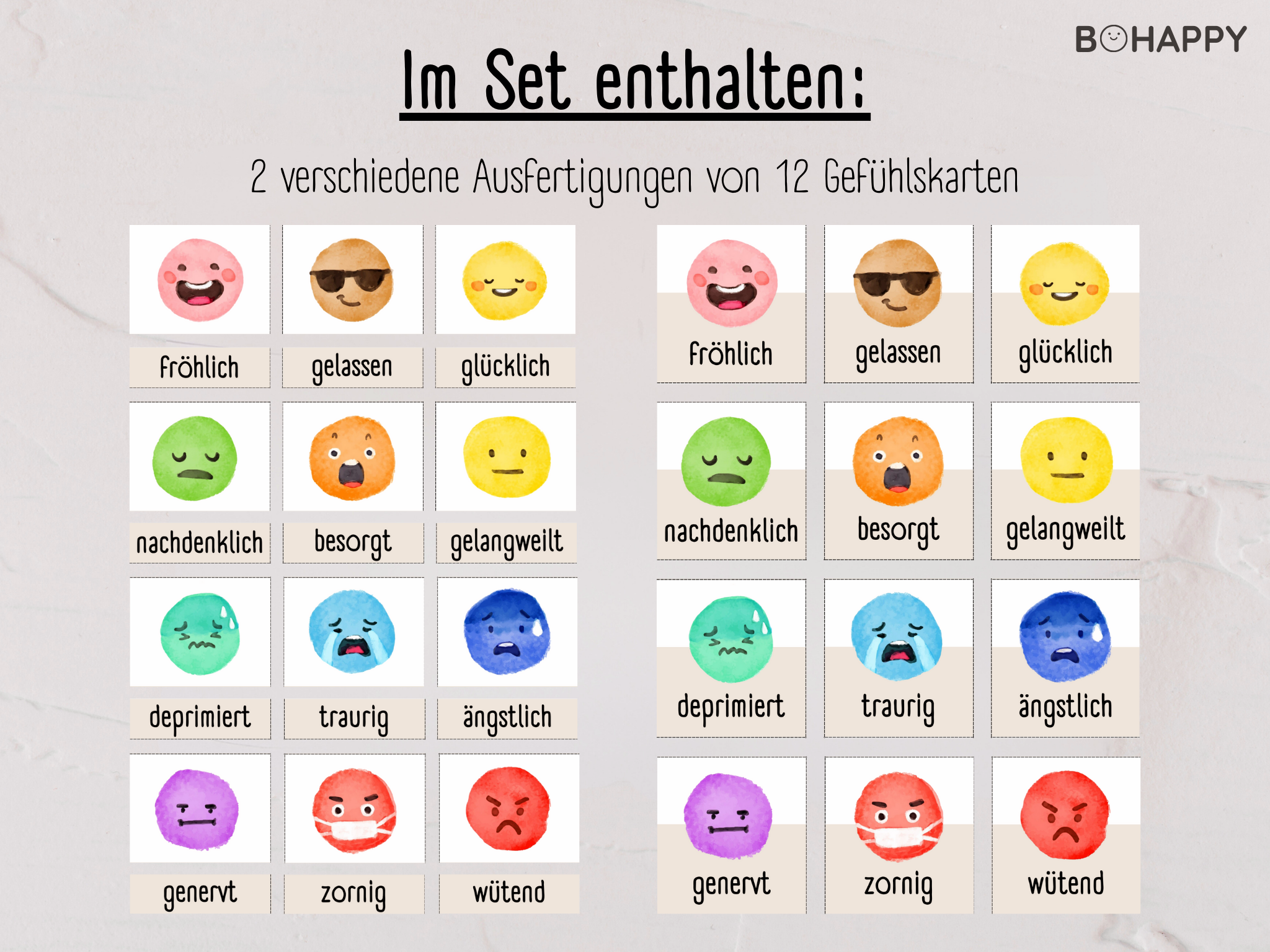 Bunte Gefühlskarten zum spielerischen Lernen und Benennen verschiedener Emotionen
