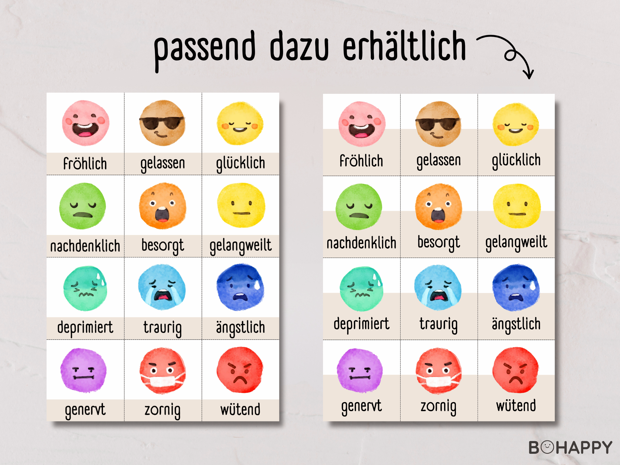 Passende Gefühlskarten zur Gefühlsuhr für Kinder mit verschiedenen Emotionen und Gesichtsausdrücken zum spielerischen Lernen.