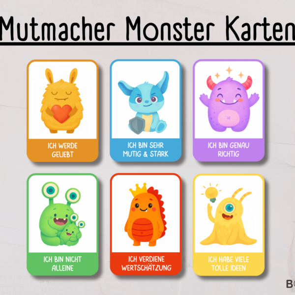 Mutmacher Monster Affirmationskarten für Kinder mit bunten Motiven und positiven Botschaften