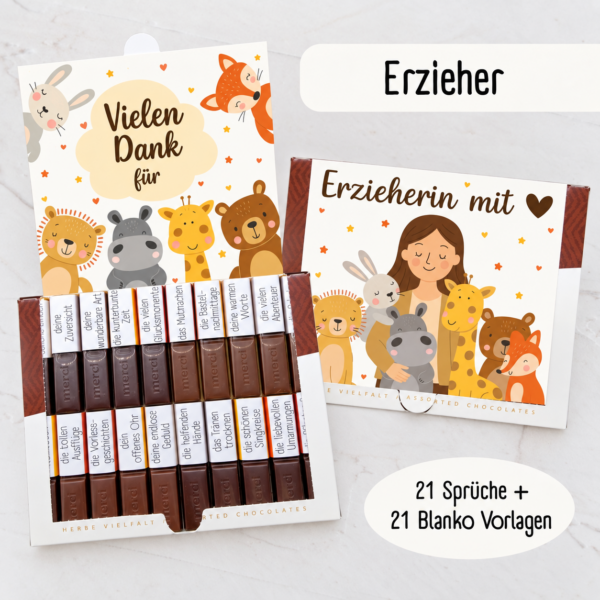 Merci Geschenk für Erzieherinnen mit der Aufschrift Erzieherin mit Herz und liebevoll verpackten Schokoladenriegeln