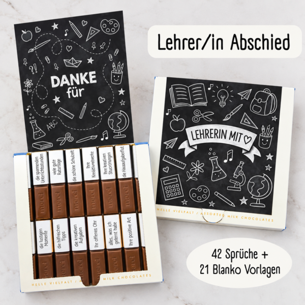 Gebastelte Merci Verpackung als Abschiedsgeschenk für eine Lehrerin mit Schulmotiven und Spruch-Banderolen