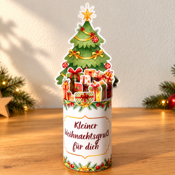 Gebasteltes Duplo Weihnachtsgeschenk mit Tannenbaum und kleinen Geschenk-Banderolen