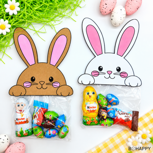 Gebasteltes Osterhasen Mitbringsel mit transparenter Tüte und bunten Ostersüßigkeiten
