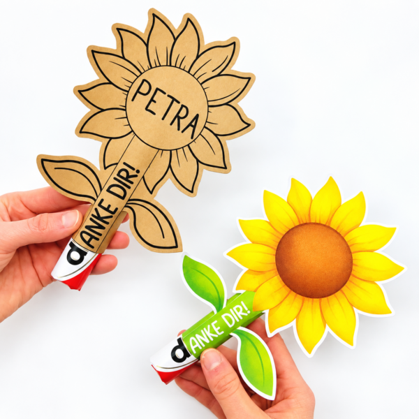 Gebastelte Sonnenblume als Dankeschön Geschenk mit Duplo-Riegel in Farbe und Kraftpapier-Optik
