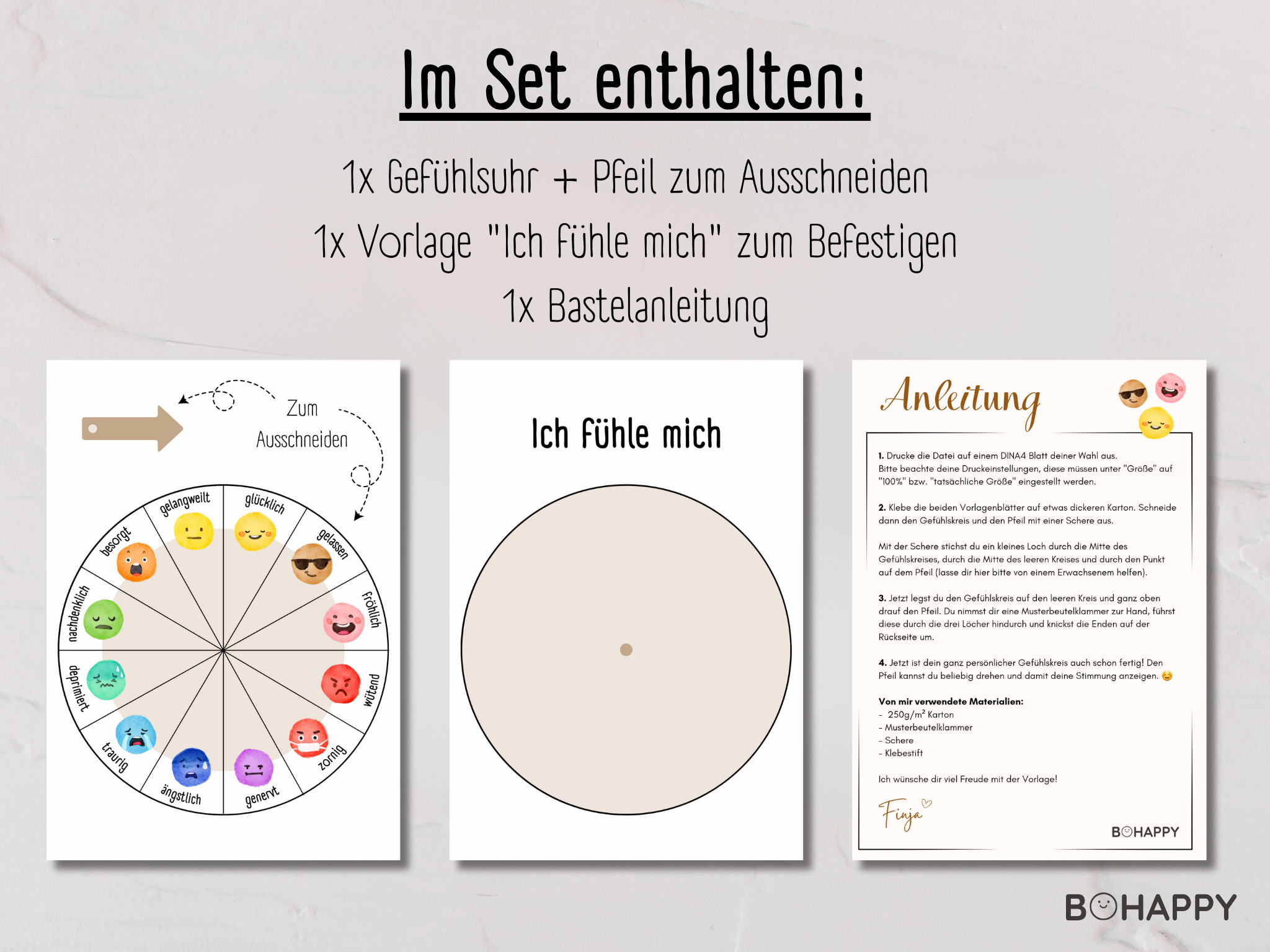 PDF-Druckvorlage für eine Gefühlsuhr mit verschiedenen Emotionen und Bastelanleitung