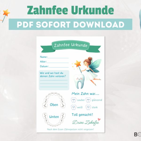Zahnfee Urkunde für Kinder mit Zahnfee, Zahn und Feldern für Name, Alter und Datum