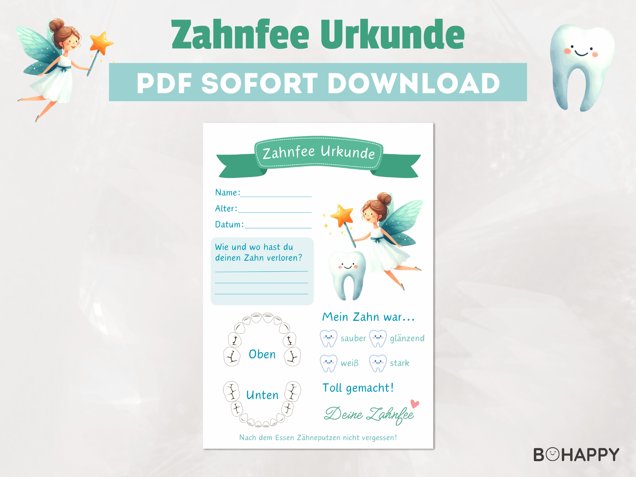 Zahnfee Urkunde für Kinder mit Zahnfee, Zahn und Feldern für Name, Alter und Datum