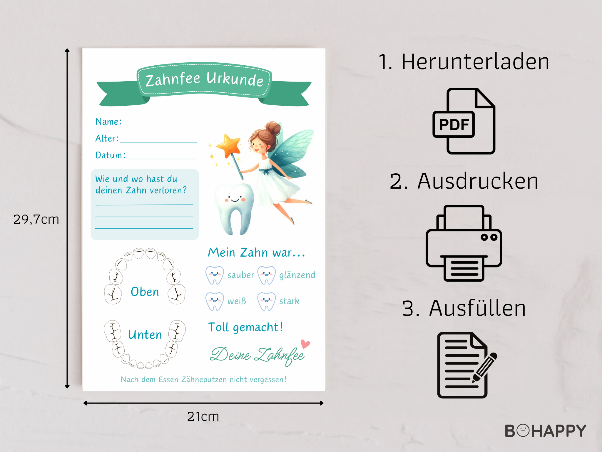 PDF-Druckvorlage für eine Zahnfee Urkunde mit Zahnfee-Motiv und persönlichen Eintragungsfeldern
